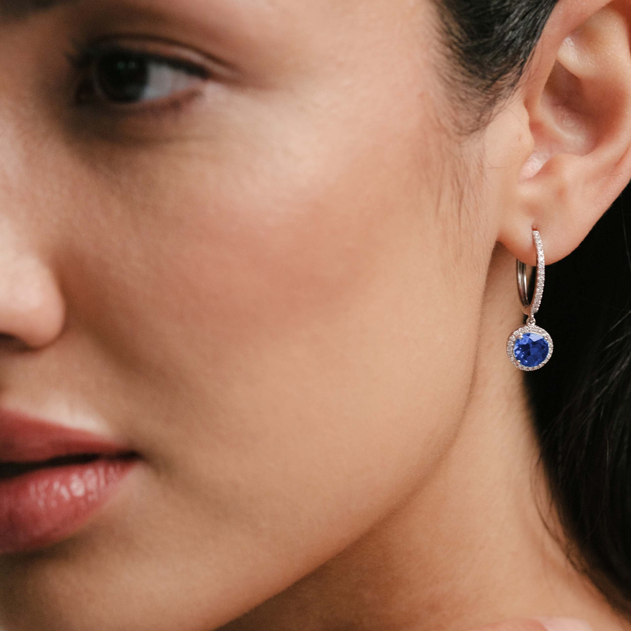 Astra 7.00ct Lab Sapphire and Diamond Drop Halo Round Cut Earrings in Silver